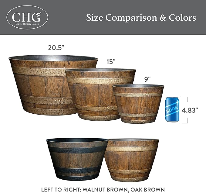 Classic Home & Garden Whiskey Barrel Planters - Wood Finish Flower Planter Pot - Decorative Garden Pots - Indoor & Outdoor Resin Planters - Weather-Resistant Planting Pots (9" Walnut Brown, Pack of 1)