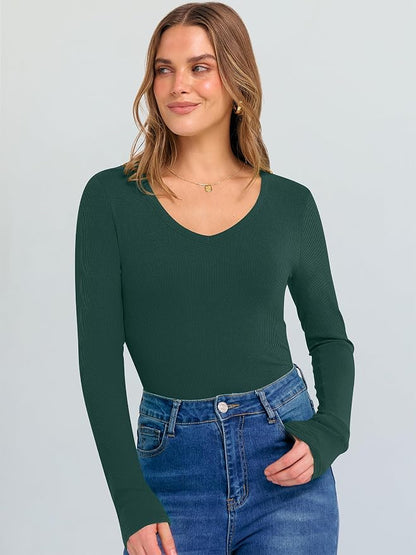 ANRABESS Long Sleeve V Neck Shirts for Women | Soft Comfy Ribbed Knit Fitted Tshirts, Casual Going Out Tops, 2026 Trendy Basic, Fall Winter Underscrub Layering Clothes