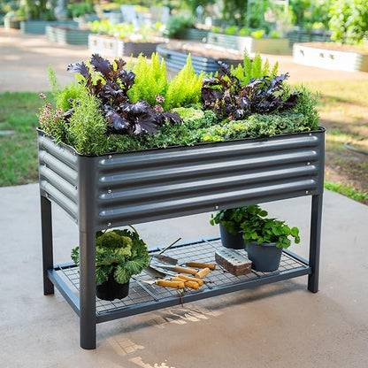 Elevated Raised Garden Bed-V Series, 2' x 4' Garden Beds with Legs & Storage Rack for Patio Porch, 700 Lbs Weight Capacity, Outdoor Planter Boxes for Gardening Herbs Vegetables Flowers, Pearl White