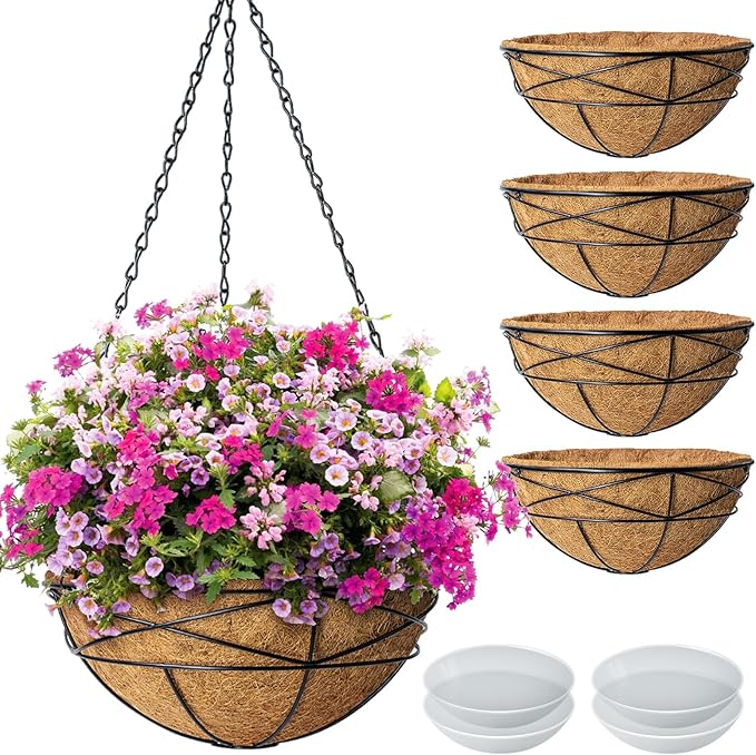 4 Pack 12 Inch Hanging Planters for Outdoor Plants Metal Watering Flower Baskets with Coco Liner for Hanging Pot Round Plant Holders Planter for Outside Garden Decoration