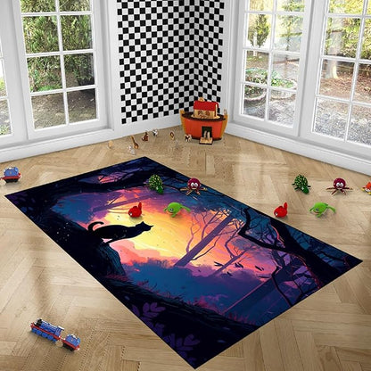 Magic Black Cat Rug - Moon Cat Rug for Girls Room Forestscape Cat Area Rug Black Cat Door Mat Colorful Rug with Black Cat Pattern, 2.5x4 Feet