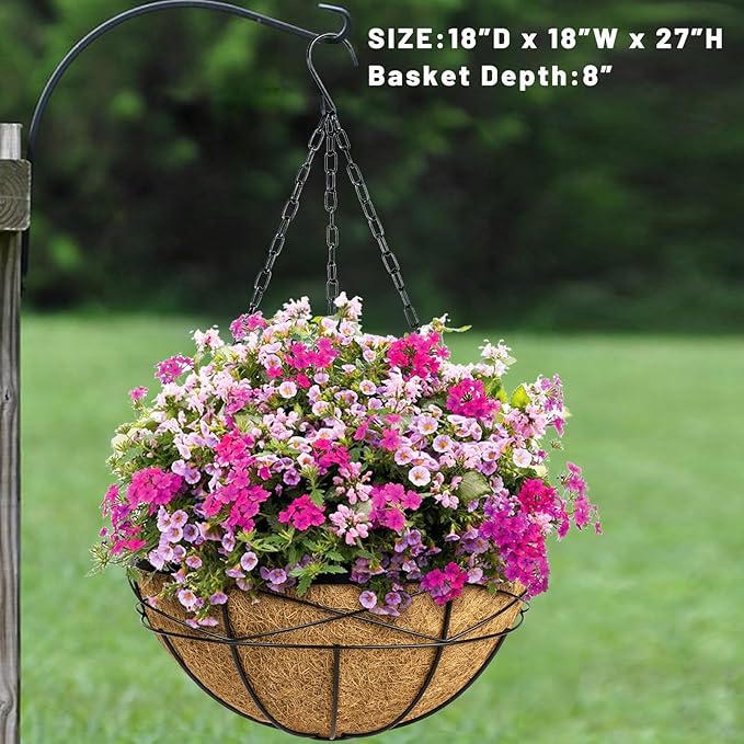 2 Pack 18 Inch Extra Large Deep Hanging Baskets for Plants Outdoor Metal Hanging Planters Flower Pots with Coco Liners Black Hanging Plant Holder for Porch Balcony Garden Planting