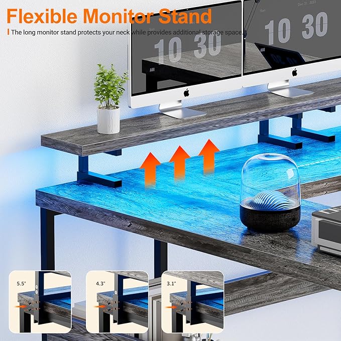 Customizable U Shaped Computer Desk with Adjustable Monitor Stand, Reversible L Shaped Gaming Desk with Power Outlet and Smart LED Light, Sturdy Office Desk with Storage Shelves, Black Oak