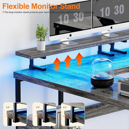 Customizable U Shaped Computer Desk with Adjustable Monitor Stand, Reversible L Shaped Gaming Desk with Power Outlet and Smart LED Light, Sturdy Office Desk with Storage Shelves, Black Oak
