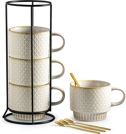 Gomakren Coffee Mugs Set of 4 Ceramic Coffee Cup with Stand, Creamy White | 13oz Stackable, Embossed Grid Mugs, Black Metal Rack, Lead-Free Dishwasher Safe, with Gold Spoons for Home Coffee Bar