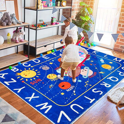 Outer Space Kids Rug,59"X39.4" ABC Alphabet Educational Kids Rugs for Playroom,Non Slip Solar System Galaxy Planets Playroom Rug,Washable Kids Area Rug Carpet for Classroom Bedroom Kids Room Decor