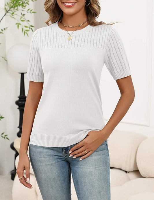 Zeagoo Women's Short Sleeve Sweater Tops 2026 Spring Summer Crew Neck Hollow Out Blouses Dressy Business Casual Outfits