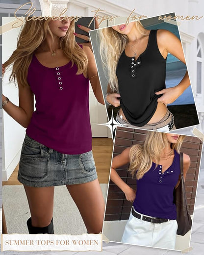 Ficerd 3 Pack Women's Henley Tank Tops Sleeveless Button Down Summer Shirts 2026 Casual Trendy Loose U Neck Tee Blouses