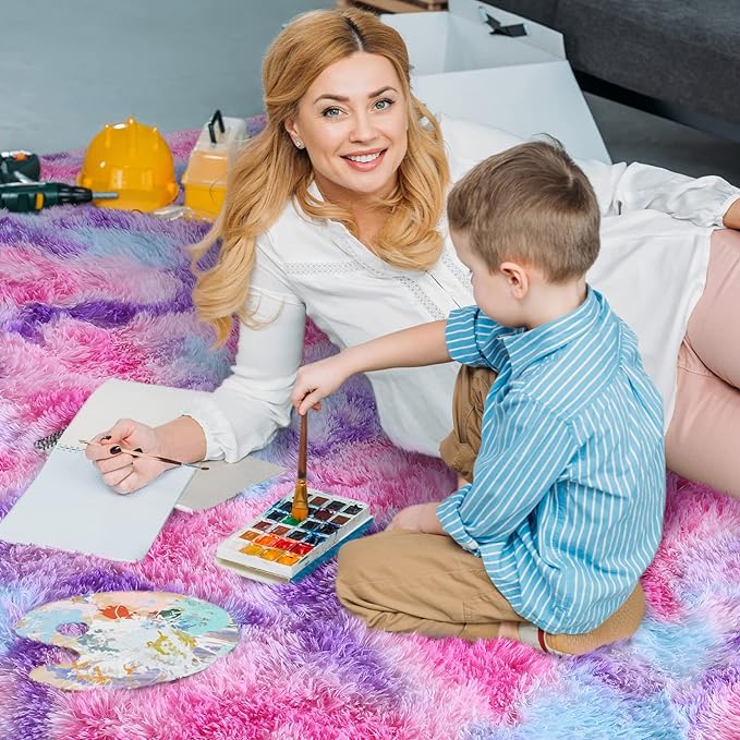 AROGAN Soft Rainbow Area Rugs for Girls Room 2x6 Feet, Fluffy Girls Bedroom Rugs, Princess Rug, Cute Colorful Carpet for Kids Teens Nursery Toddler, Hot Pink