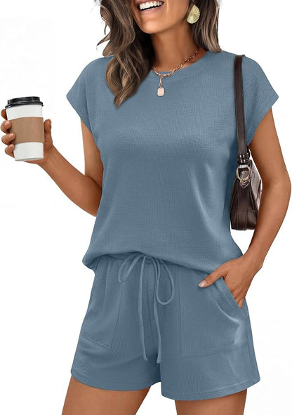 ANRABESS Womens Waffle Knit 2 Piece Short Sets Cap Sleeve Summer 2026 Matching Lounge Outfits Travel Beach Vacation Sweatsuit