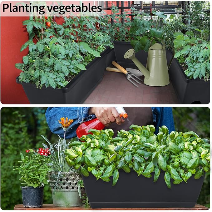 Window Box Planter, 10 Pack Plastic Vegetable Flower Planters Boxes 17 Inches Rectangular Flower Pots with Saucers for Indoor Outdoor Garden, Patio, Home Decor (Black)