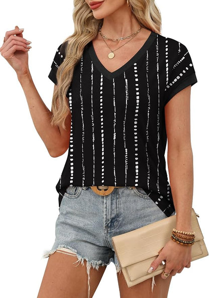WIHOLL Womens Summer Tops 2026 Cap Short Sleeve Shirs V Neck T Shirts Fashion Beach Vacation Clothes Color Block