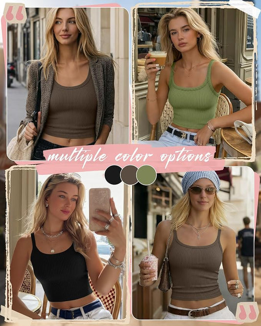 Ficerd 3 Pack Women's Tank Tops 95% Cotton Spaghetti Strap Ribbed Crop Camisole Slim Fitted Basic Summer Sleeveless Layer