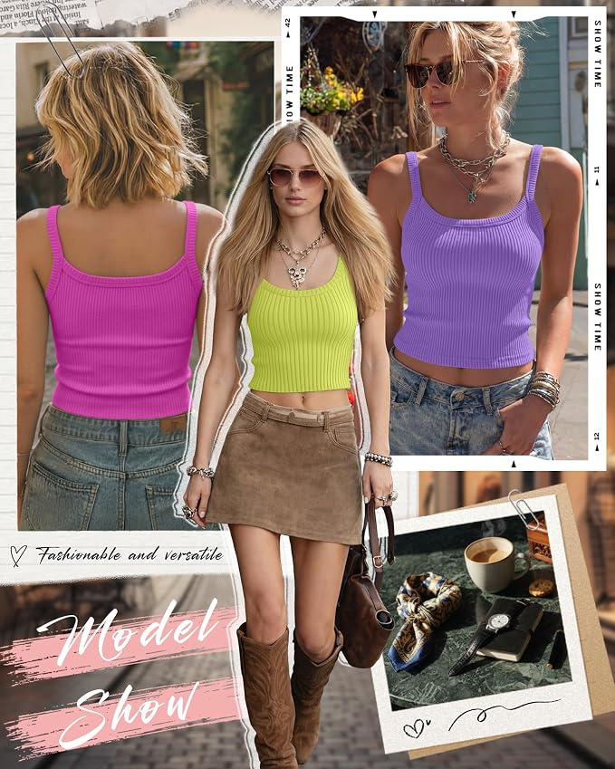 Ficerd 3 Pack Women's Tank Tops 95% Cotton Spaghetti Strap Ribbed Crop Camisole Slim Fitted Basic Summer Sleeveless Layer