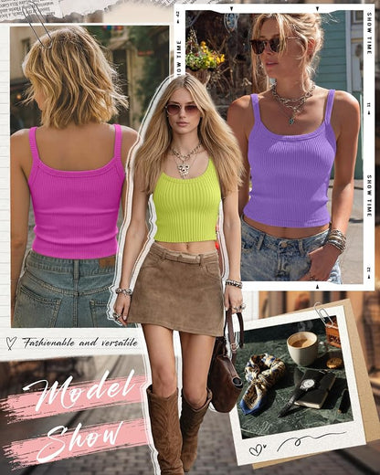 Ficerd 3 Pack Women's Tank Tops 95% Cotton Spaghetti Strap Ribbed Crop Camisole Slim Fitted Basic Summer Sleeveless Layer