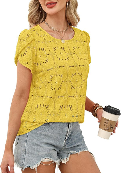 OFEEFAN Blouses for Women Dressy Casual Petal Short Sleeve Shirts Crochet Lace Boho Tops Spring Fashion Summer Outfits