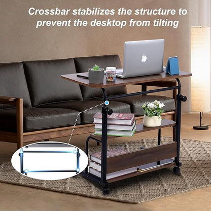 Portable Desk Small Desks for Small Spaces Laptop Table Brown Rolling Adjustable Desk on Wheels Mobile Couch Desk for Bedroom Home Office Computer Standing Desk Student Desk with Storage 32x16 Inch