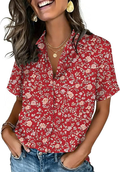 Zeagoo Button Down Shirts for Women Short Sleeve Collared Tops Dressy Casual V Neck Blouses