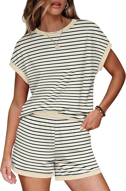 WIHOLL Two Piece Sets for Women Summer Lounge Short Sets Cap Sleeve Crew Neck Sweatsuit with Pocket XS-2XL