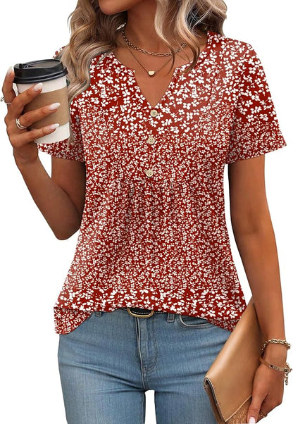 Zeagoo Womens Short Sleeve Tops Summer Henley V-Neck Tshirts Casual Pleated Blouse Dressy Loose Floral Basic Tee