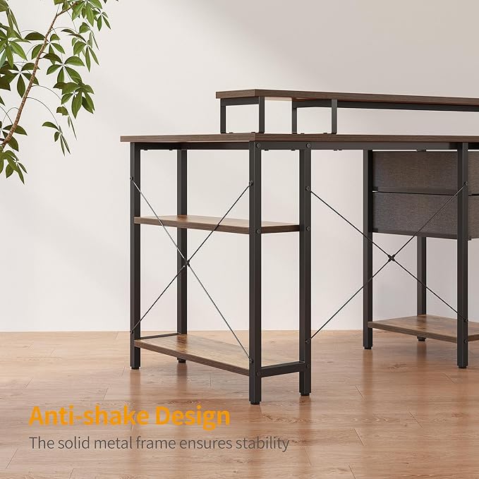 CubiCubi L Shaped Computer Desk with Monitor Stand & Shelves, 47 Inch Corner Home Office Desk Writing Table with Storage Drawer, Brown