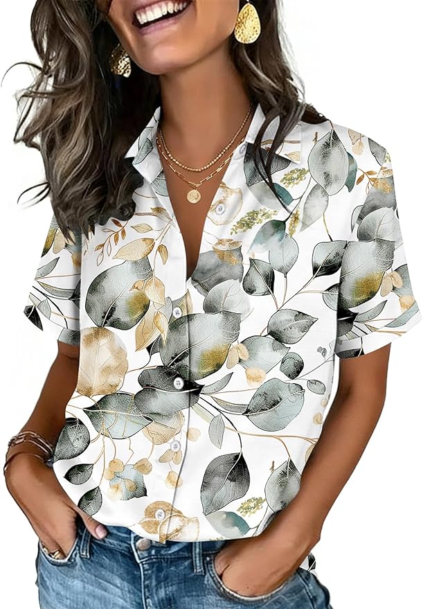 Zeagoo Button Down Shirts for Women Short Sleeve Collared Tops Dressy Casual V Neck Blouses