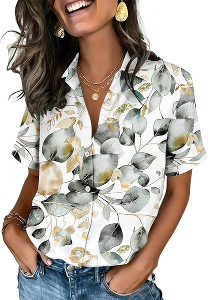 Zeagoo Button Down Shirts for Women Short Sleeve Collared Tops Dressy Casual V Neck Blouses