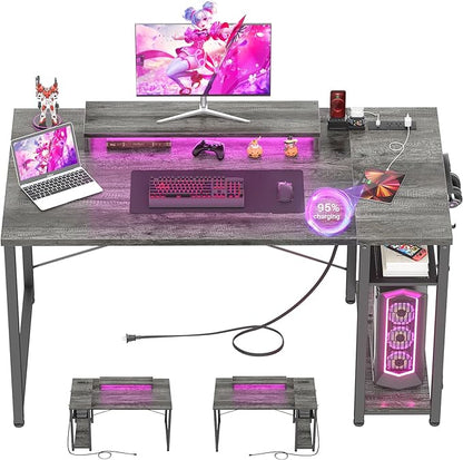 armocity Computer Desk with LED Lights, Gaming Desk with Power Outlet and USB, 40 Reversible Laptop Table with Moveable Monitor Stand, Small Desk for Small Spaces, Office, Gaming Room, Grey
