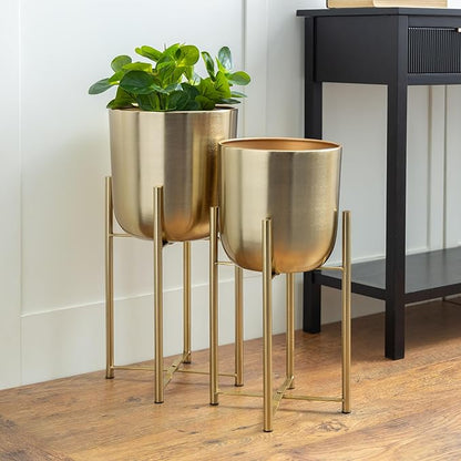 CosmoLiving by Cosmopolitan Metal Indoor Outdoor Planter Dome Large Planter Pot with Removable Stand, Set of 2 Planters 19", 22"H, Gold