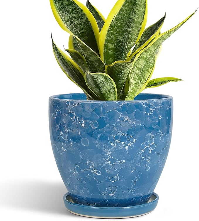 6 Inch Ceramic Plant Pot - Ceramic Planters with Drainage Hole and Saucer, Round Decorative Planter, Modern Planters for Indoor Outdoor Plants, Desk Office Decor, Housewarming Gifts, Blue