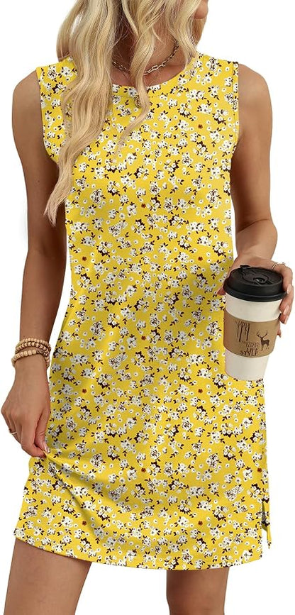WIHOLL Casual Dresses for Women Crewneck Sleeveless Tank Dress Summer Spring Boho Vacation Clothes