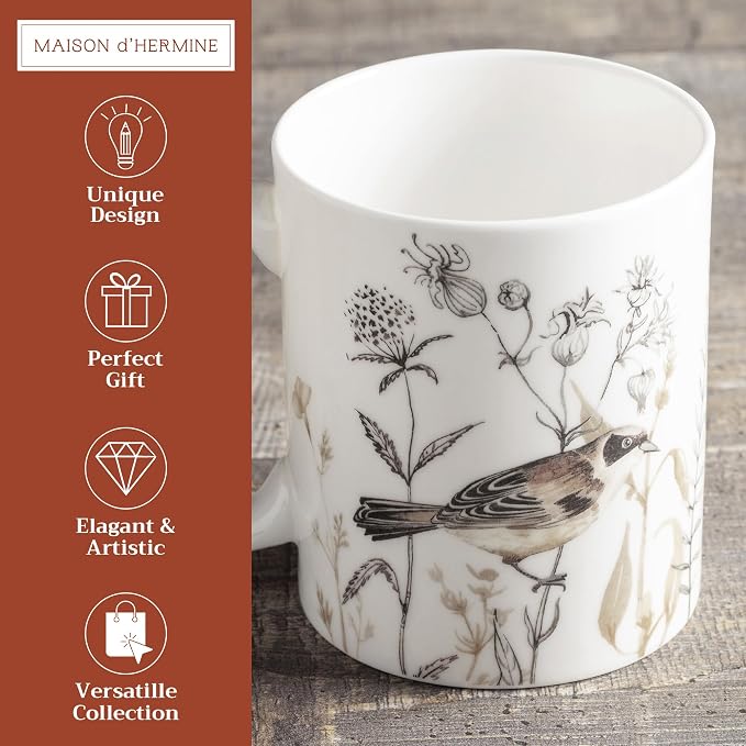 Maison d' Hermine Coffee Mug with Handles Tea Cups (12 Ounce, Pack of 1) | Fine Bone China Coffee Mugs for Hot Beverages Cappuccino Latte Home Spring Summer -Meadow Florals - Brown - Meadow Mornings
