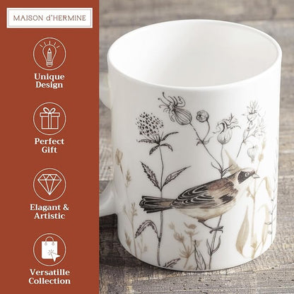 Maison d' Hermine Coffee Mug with Handles Tea Cups (12 Ounce, Pack of 1) | Fine Bone China Coffee Mugs for Hot Beverages Cappuccino Latte Home Spring Summer -Meadow Florals - Brown - Meadow Mornings