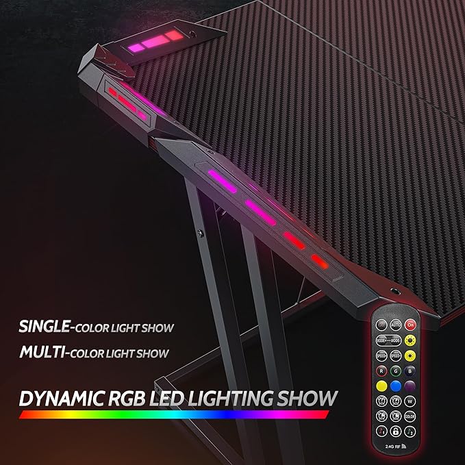 CubiCubi Gaming Desk with LED Lights, 55 Inch Z Shaped Gamer Desk, Home Game Computer Desk with Carbon Fiber Surface, Ergonomic Office PC Workstation with Cable Management, Black