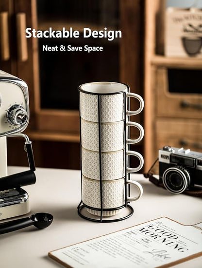Gomakren Coffee Mugs Set of 4 Ceramic Coffee Cup with Stand, Creamy White | 13oz Stackable, Embossed Grid Mugs, Black Metal Rack, Lead-Free Dishwasher Safe, with Gold Spoons for Home Coffee Bar