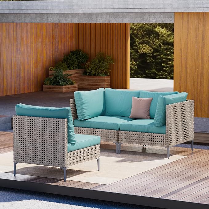Grand patio 3-Piece Wicker Patio Furniture Set, Boho Outdoor Conversation Set Sectional Sofa with Water Resistant Thick Cushions and Coffee Table, Blue