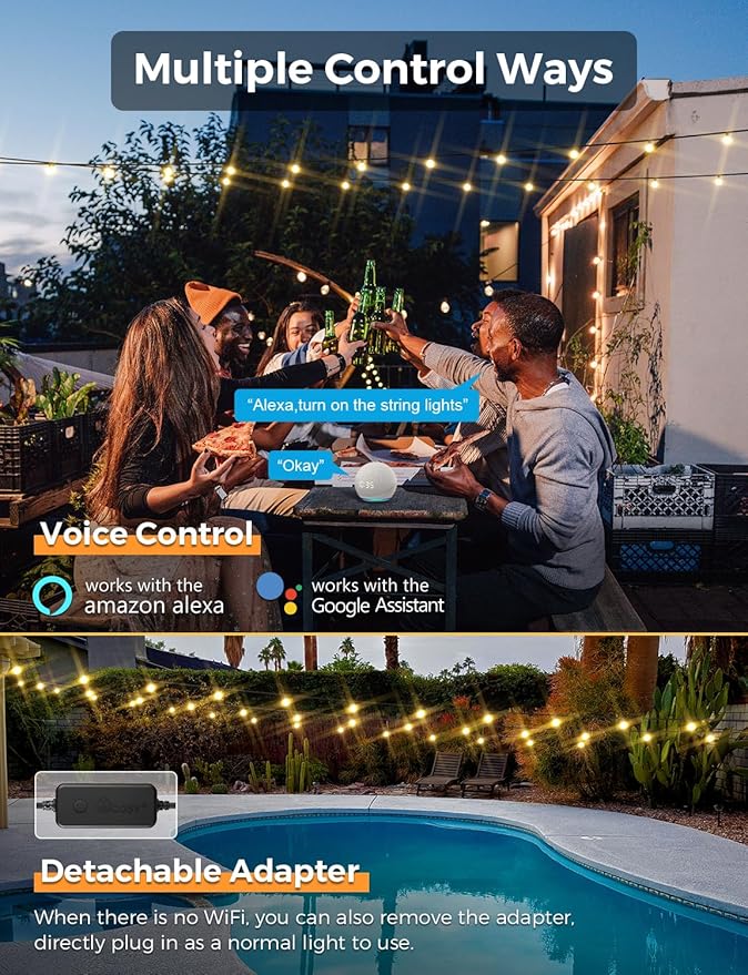 XMCOSY+ Outdoor String Lights, Smart Patio Lights 100Ft Dimmable Outdoor Lights Warm White, 50 G40 LED Bulbs, WiFi String Lights for Outside, Work with Alexa, APP Control, Waterproof Extendable
