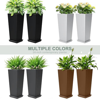 24" Set of 2 Tall Black Planters for Outdoor Plants, Large Flower Pots Planters with Drainage Holes & Tray, Modern Indoor Tapered Planter for Front Porch