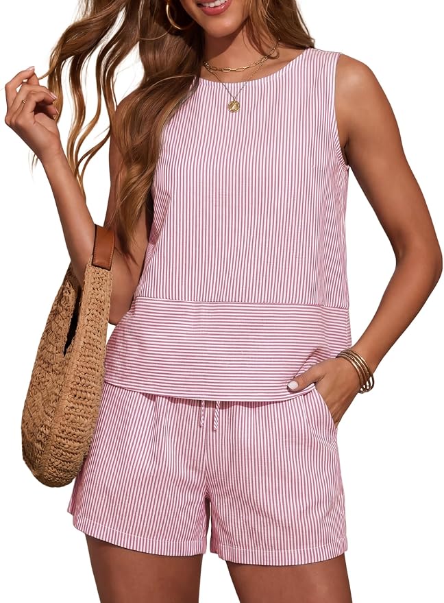 LOMON Women's Trendy 2 Piece Outfits Shorts Sets Summer Crew Neck Sleeveless Tank Top and Bottom Matching with Pockets 2026