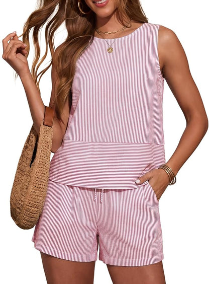 LOMON Women's Trendy 2 Piece Outfits Shorts Sets Summer Crew Neck Sleeveless Tank Top and Bottom Matching with Pockets 2026