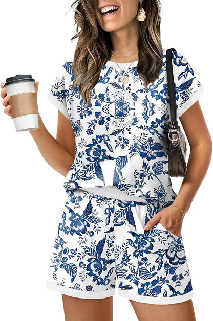 WIHOLL Two Piece Sets for Women Summer Lounge Short Sets Cap Sleeve Crew Neck Sweatsuit with Pocket XS-2XL