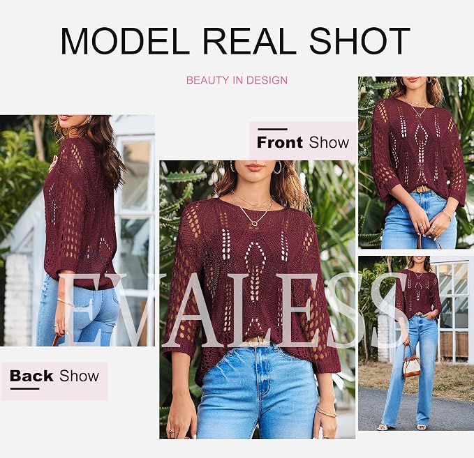 EVALESS Womens Crochet Hollow Out Knit Tops Half Sleeve Spring Summer Sweaters Beach Cover Ups for Women Trendy 2026