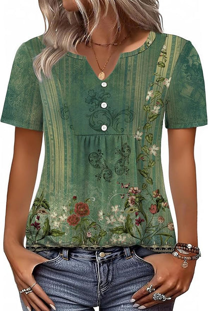 Zeagoo Womens Short Sleeve Tops Summer Henley V-Neck Tshirts Casual Pleated Blouse Dressy Loose Floral Basic Tee