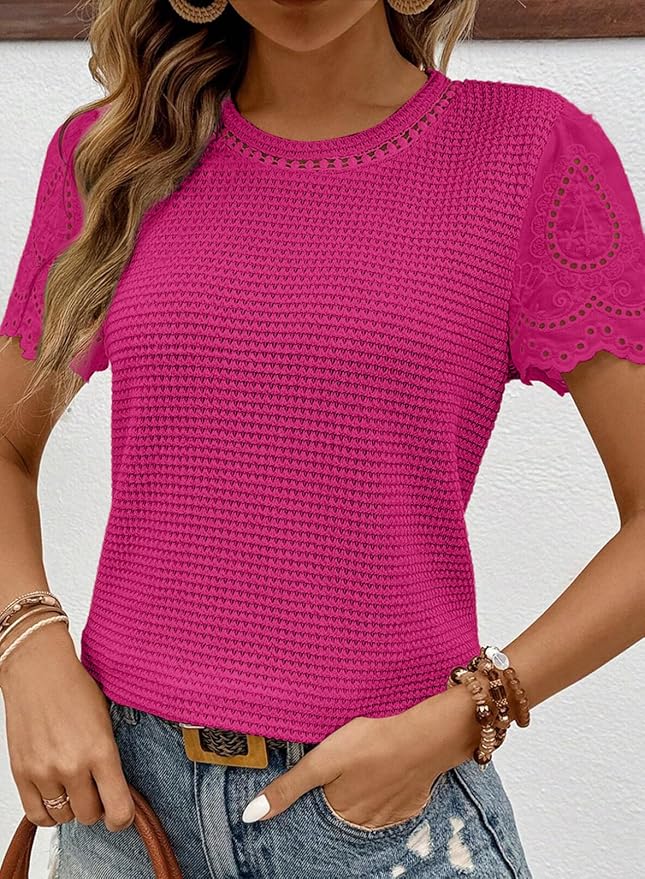 SHEWIN Womens Frenchy Summer Tops Crewneck Short Sleeve T Shirts Casual Waffle Knit Jacquard Blouses Top Shirts