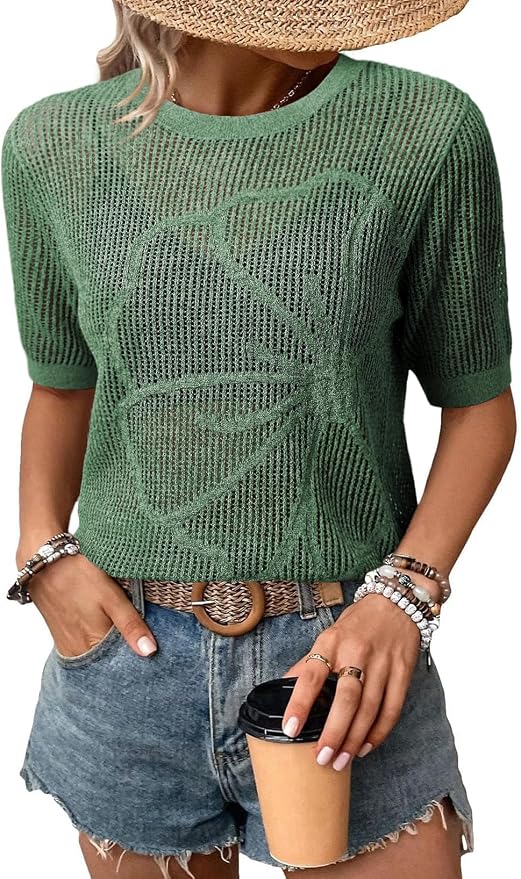 Dokotoo Womens Summer Short Sleeve Crochet Tops Hollow Out Floral Sweaters Beach Vacation Cruise Outfits