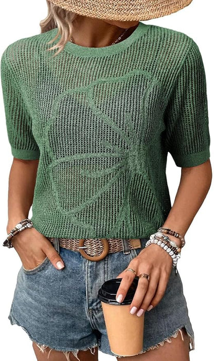 Dokotoo Womens Summer Short Sleeve Crochet Tops Hollow Out Floral Sweaters Beach Vacation Cruise Outfits