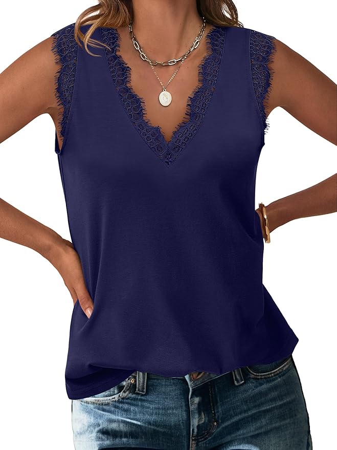 ANRABESS Womens Lace Trim Tank Tops V Neck Sleeveless Shirts 2026 Summer Casual Trendy Dressy Cami Top