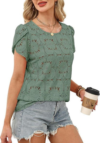 OFEEFAN Blouses for Women Dressy Casual Petal Short Sleeve Shirts Crochet Lace Boho Tops Spring Fashion Summer Outfits