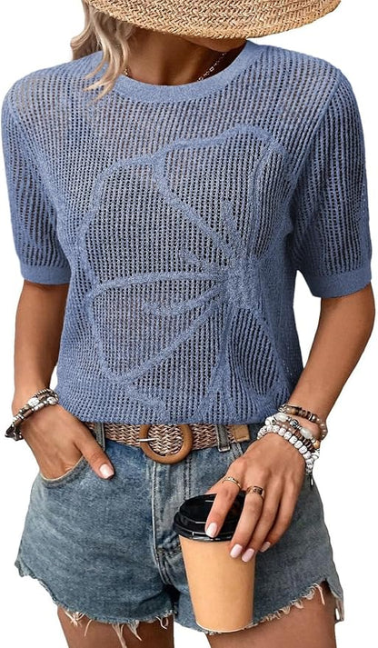 Dokotoo Womens Summer Short Sleeve Crochet Tops Hollow Out Floral Sweaters Beach Vacation Cruise Outfits