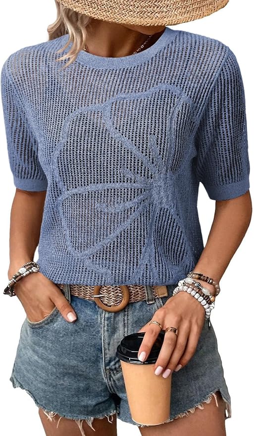 Dokotoo Womens Summer Short Sleeve Crochet Tops Hollow Out Floral Sweaters Beach Vacation Cruise Outfits